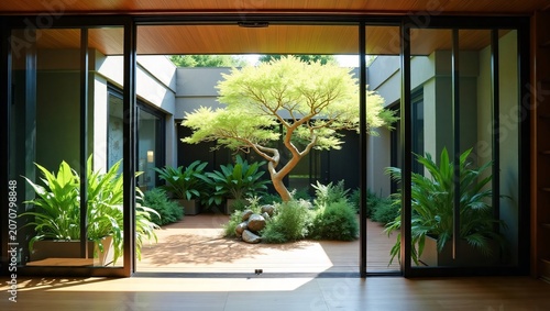 Floor-to-ceiling sliding glass, central sculptural tree, lush tropical courtyard garden