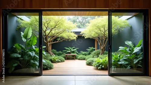 Sliding glass doors frame symmetric courtyard, twin pale green trees, tropical foliage & wooden deck
