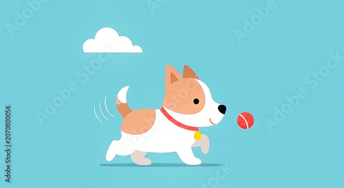 A happy corgi dog running in a field with a red ball and a blue sky isolated on white background