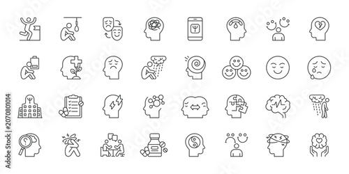 Bipolar Disorder icons in line design. bipolar disorder, mental health, mood, depression, mania, therapy, support on white background vector. Bipolar Disorder editable stroke icons.