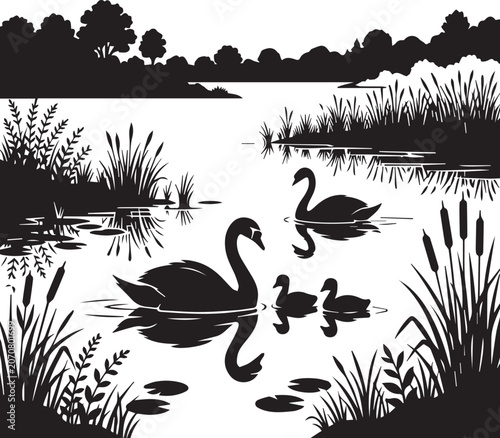 Beautiful swan family swimming on lake silhouette with cygnets and tall marsh grass in peaceful wetland nature landscape scenery.