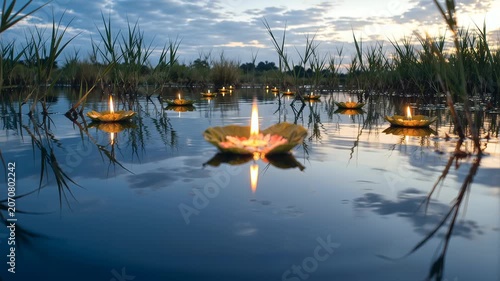 Spiritual floating candles on seaside water at twilight. 4K Video