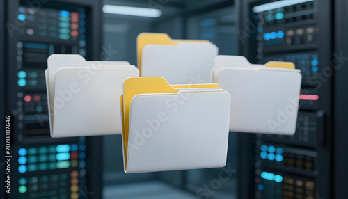 A collection of digital folders, predominantly white with vibrant yellow accents, floating in a high-tech data center environment., created with generative ai