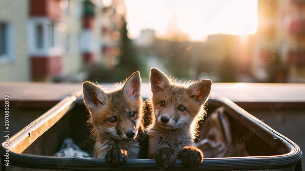 Fototapeta premium Two curious fox cubs emerging from a garbage container, adapting to urban survival in a residential area