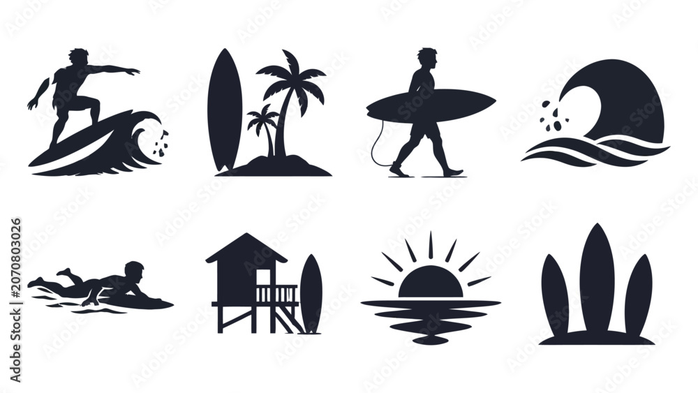 Obraz premium Surfing silhouettes with palm trees