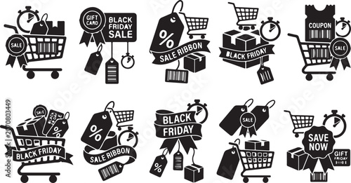 Retail Sale Cart Icon Collection with Discount Tags, Coupon Labels, Gift Bags and Checkout Promo Symbols