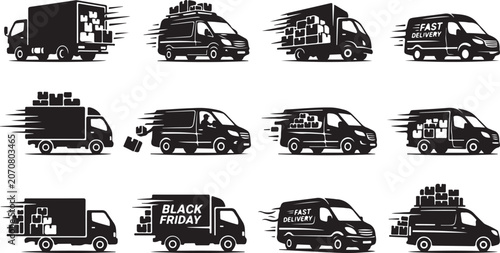 Delivery Van Silhouette Set for Retail Shipping, Holiday Parcel Drop and Fast Ecommerce Dispatch Icons