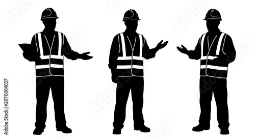 Construction workers in safety vests full body silhouette
