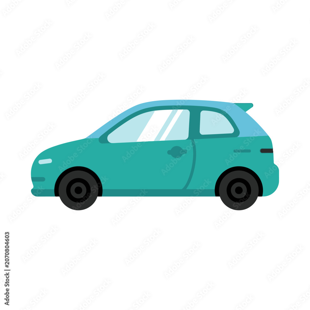 Fototapeta premium Side profile of a teal compact hatchback car.