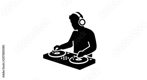 Fotografie Dj With Headphones And Turntables Silhouette disc jockey