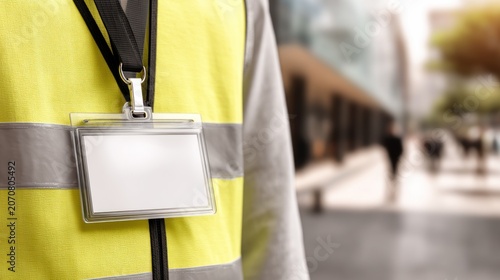Person with badge yellow safety vest