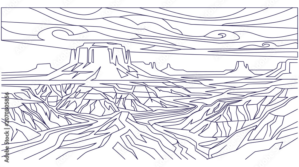 Fototapeta premium Minimalist linear art style landscape drawing of monumental desert canyon.