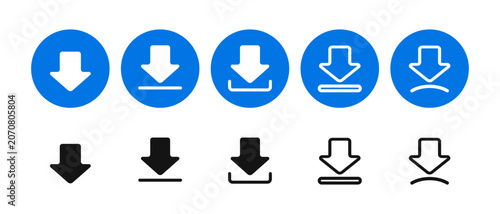 Download icons set in blue and black with white arrows on white background
