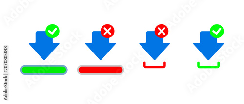 Blue download arrows with green check and red cross symbols showing success and failure status
