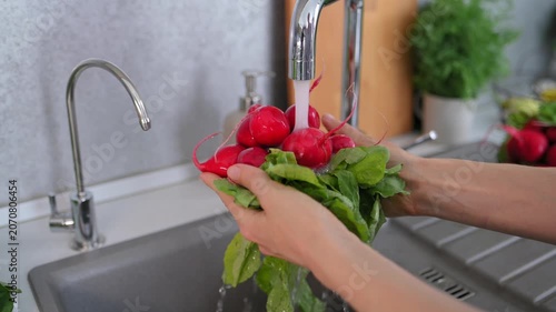 Woman washing fresh radish under running water above kitchen sink before cooking. Organic radish, fresh produce, healthy vegetable preparation supports food hygiene, clean nutrition, home lifestyle