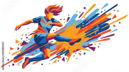 Photos Female soccer player in dynamic action with colorful splash.