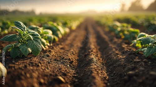 Potato plants growing in a cultivated field