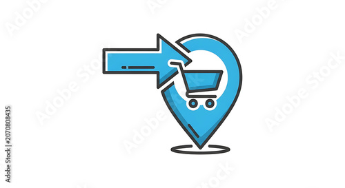 Location Icon with Shopping Cart and Arrow Illustrating Online Shopping and Delivery Services