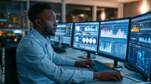 Corporate professional using predictive analytics to improve operational efficiency, enterprise technology, realistic office environment
