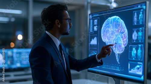 Business strategist using artificial intelligence insights for decision making, enterprise AI, future technology, executive office