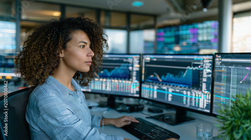 Corporate employee reviewing AI generated market analysis report, business intelligence, modern workplace, authentic corporate photography