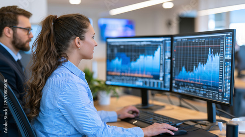 Business professional collaborating with AI assistant on financial projections, business intelligence, enterprise technology, realistic office environment