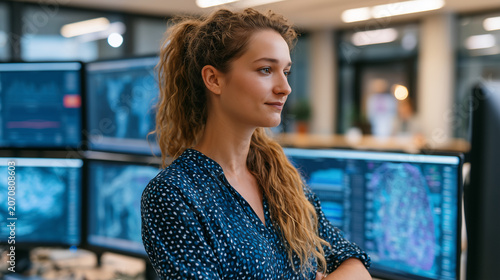 Corporate employee exploring AI powered business intelligence platform, operational efficiency, enterprise technology, realistic office environment