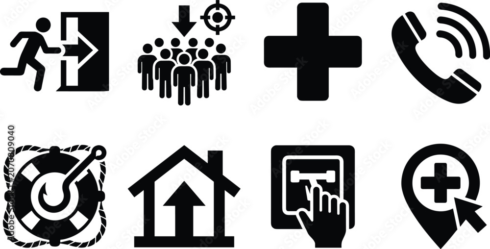 Fototapeta premium Emergency evacuation and safety rescue black solid vector icons set isolated on white background
