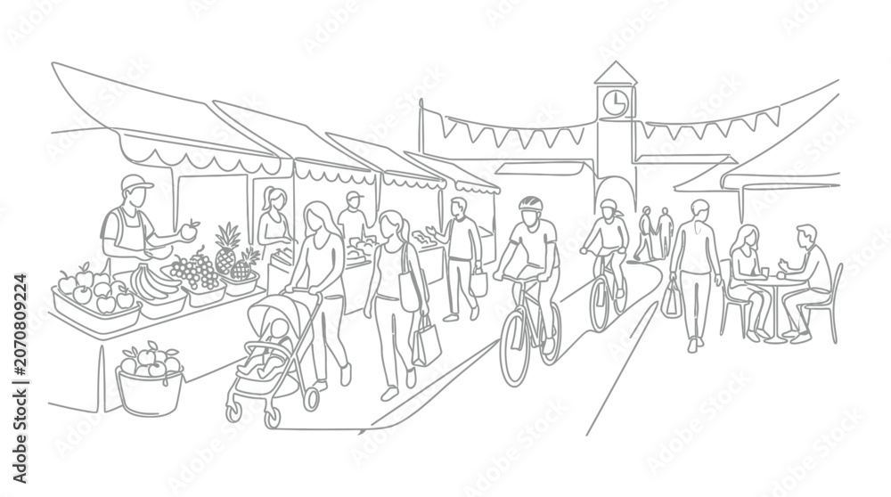 Obraz premium Farmers Market Scene Sketch - People Shopping, Cycling, and Dining Outdoors