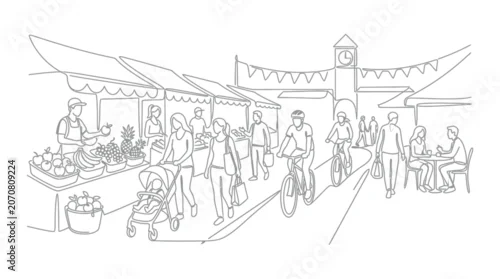 Fototapeta na wymiar Farmers Market Scene Sketch - People Shopping, Cycling, and Dining Outdoors