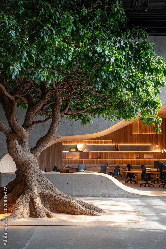 Fototapeta premium A warm and cozy room with a large tree standing in the center, surrounded by comfortable furniture vertical frame