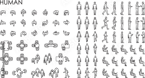 Set of human silhouettes in top and side view for architectural plans and interior design projects vector