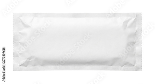 Blank white foil sachet packaging mockup on transparent background