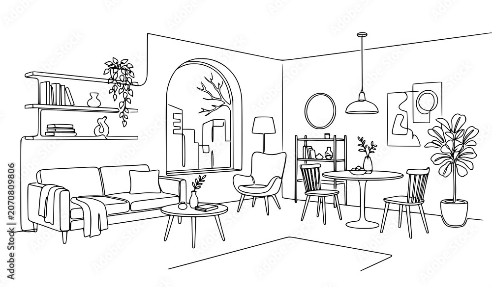 Obraz premium Modern interior outline illustration minimalist room vector art