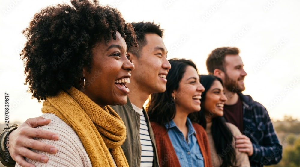 Obraz premium Diverse group of friends enjoying sunset together with smiles