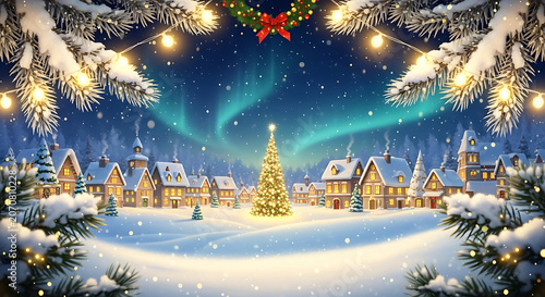 Cozy winter village under aurora borealis with glowing Christmas tree and festive lights illustration