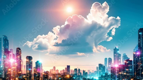 Modern Luxury Futuristic Cityscape Background with Glowing Skyscrapers under Majestic Cloud for Smart City Innovation, Urban Real Estate and Digital Metaverse Business Dreams