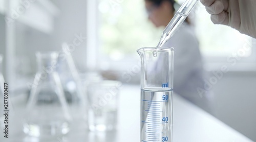 Close up of scientist hand using pipette to transfer liquid into graduated cylinder in laboratory setting for chemical research
