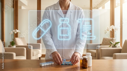Doctor in lab coat organizing medicine in pill organizer with floating holographic interface showing pharmacy and medication icons
