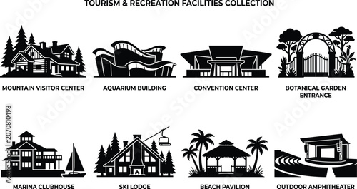 Fotografie Tourism and recreation facilities icons set with modern resort hospitality build