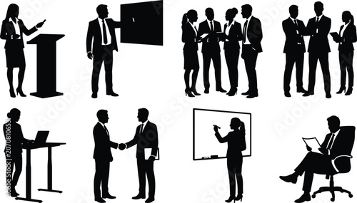 Business corporate office teamwork and executive management black vector silhouettes collection for company success