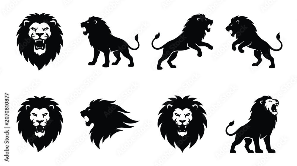 Obraz premium Black lion silhouettes and heads in various poses Vector