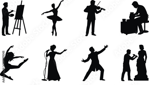 Creative arts and stage performance artists vector silhouettes collection for cultural and educational designs