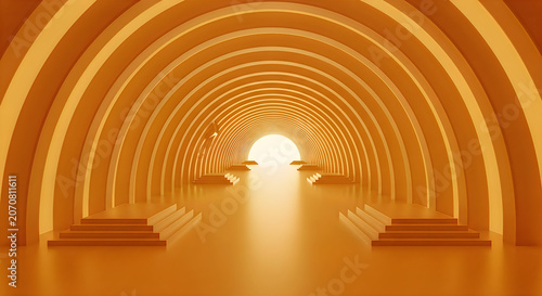 A futuristic orange tunnel with arches and stairs leading to a bright light