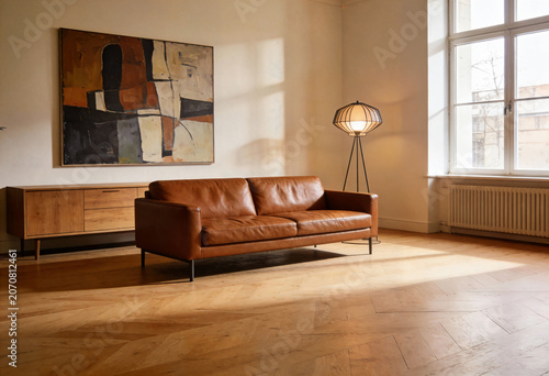 Modern living room interior with brown leather sofa and abstract art