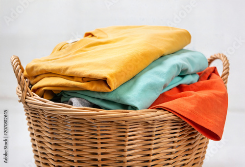 Woven laundry basket filled with folded colorful clothes