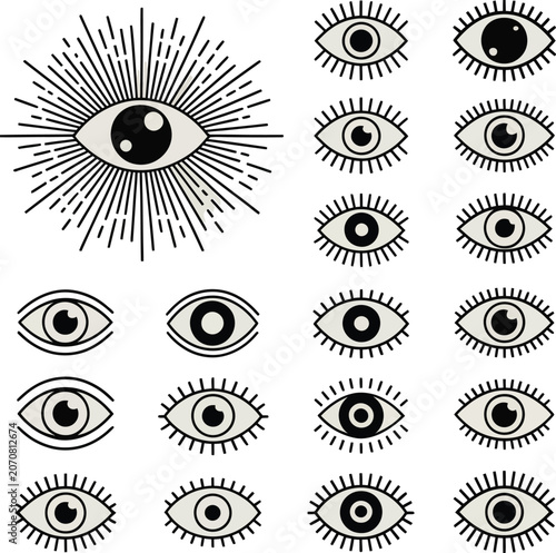 Various stylized eye designs with moon and sun symbols