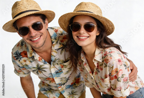 Happy young couple wearing matching floral shirts and straw hats smiling