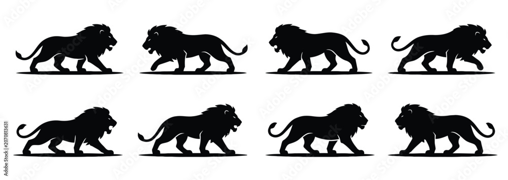 Obraz premium Black lion silhouettes walking in different positions Vector