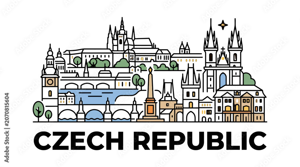 Fototapeta premium Stylized illustration of Prague's historic cityscape with iconic structures and scenic views capturing Czech architecture
